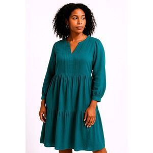 J‎ Jill Teal Linen Blend Pintuck Tiered Midi Dress Petite Medium Coastal Cottage